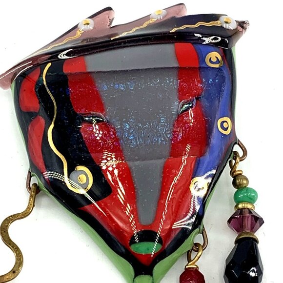 Fused Art Glass Face Brooch Pasha Bella Lux Studio Abstract Pin 2.25" - Picture 2 of 4